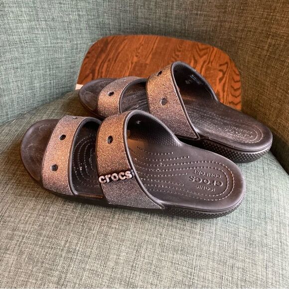 CROCS Classic Glitter 2 Strap Slide Sandal Womens Sz 10 Slip On Black / Silver! - Picture 7 of 12